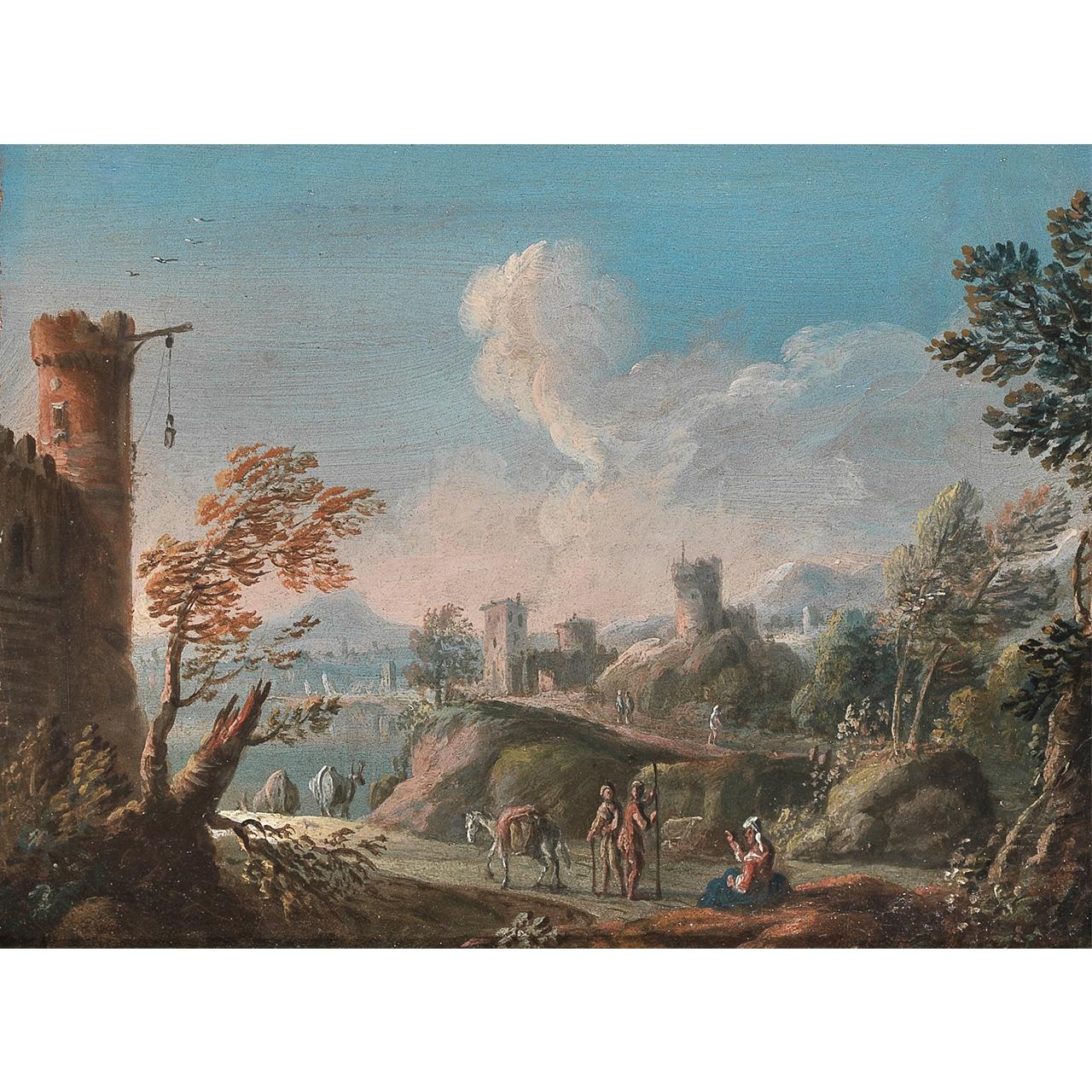 Dipinto: Veduta della campagna romana con figure ed edifici (I)